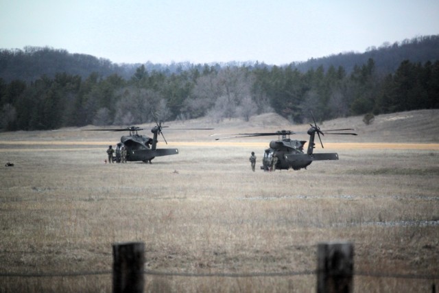 An aircrew with the 1st Battalion, 147th Aviation Regiment of the Wisconsin National Guard operates a UH-60 Black Hawk helicopter April 11, 2025, during drill training at Fort McCoy, Wis. From April 11-13, 2025, Soldiers with the 1st Battalion,...