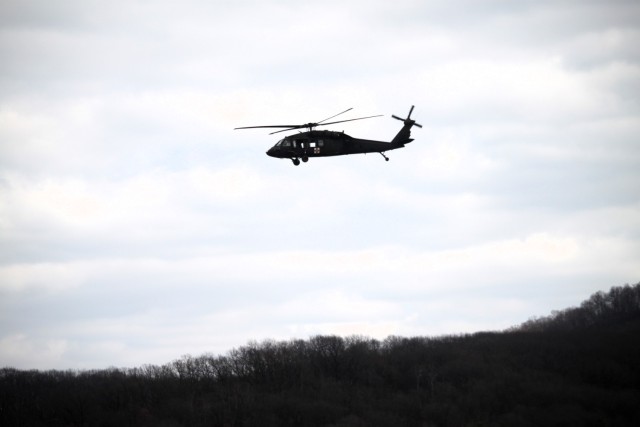 An aircrew with the 1st Battalion, 147th Aviation Regiment of the Wisconsin National Guard operates a UH-60 Black Hawk helicopter April 11, 2025, during drill training at Fort McCoy, Wis. From April 11-13, 2025, Soldiers with the 1st Battalion,...