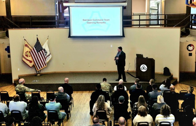 Fort McCoy workforce members participate in a town hall meeting April 24, 2025, with Fort McCoy Garrison leadership at Fort McCoy, Wis. Two meetings were held to provide information to the workforce as well as answer questions about news and...
