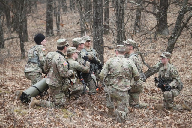 Army ROTC cadets complete field training April 11, 2025, at Fort McCoy, Wis. They are among more than 70 other cadets from seven universities completing field training. ROTC training leaders said the training was a combined field training...
