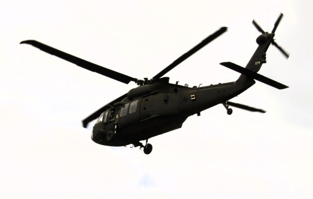 An aircrew with the 1st Battalion, 147th Aviation Regiment of the Wisconsin National Guard operates a UH-60 Black Hawk helicopter April 11, 2025, during drill training at Fort McCoy, Wis. From April 11-13, 2025, Soldiers with the 1st Battalion,...