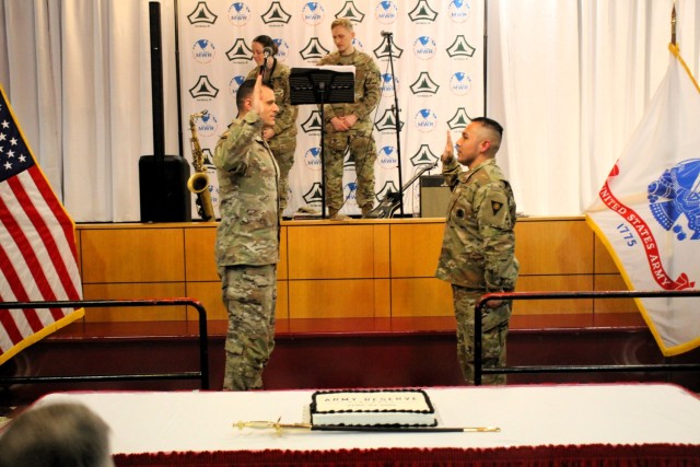 Fort McCoy Deputy Garrison Commander Lt. Col. Mike Corkum leads a reenlistment ceremony for a Soldier during the 2025 observance of the Army Reserve birthday April 23, 2025, at McCoy’s Community Center at Fort McCoy, Wis. Fort McCoy celebrated...
