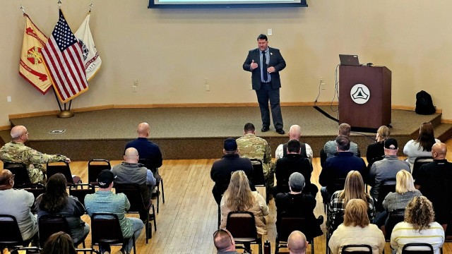 Fort McCoy workforce members participate in a town hall meeting April 24, 2025, with Fort McCoy Garrison leadership at Fort McCoy, Wis. Two meetings were held to provide information to the workforce as well as answer questions about news and...