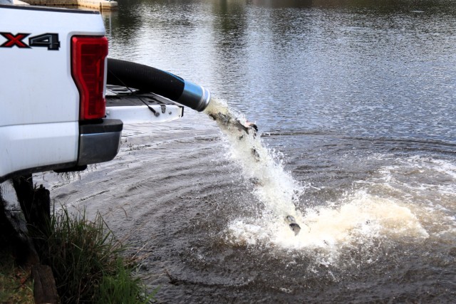 U.S. Fish and Wildlife Service (USFWS) employees stock rainbow trout April 23, 2025, in Suukjak Sep Lake on North Post at Fort McCoy, Wis. Approximately 15,000 rainbow trout were stocked at several lakes and ponds at Fort McCoy by the USFWS Genoa...