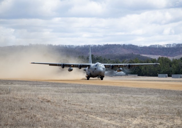 A C-130 Hercules completes operations in support of the Air Force’s Air Mobility Liaison Officer Qualification Course on April 15, 2025, at Young Air Assault Strip at Fort McCoy, Wis. Lt. Col. Andrew Baker, course director with the 435th...