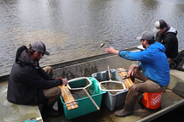 Watershed Management Biologist Derek Maki and Watershed Management Specialists Jaden Gallardo and Trenton Foreman with Colorado State University conduct a fish survey April 22, 2025, at Stillwell Lake on South Post at Fort McCoy, Wis. They...
