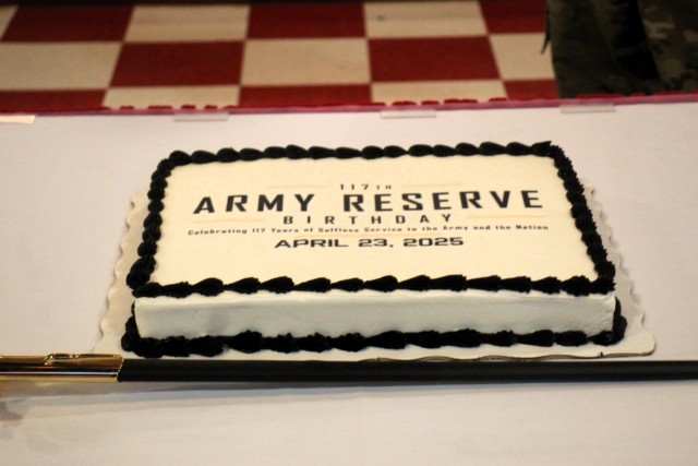 A cake is shown supporting the 2025 observance of the Army Reserve birthday April 23, 2025, at McCoy’s Community Center at Fort McCoy, Wis. Fort McCoy celebrated the 117th birthday for the Army Reserve with free food, cake-cutting ceremony,...