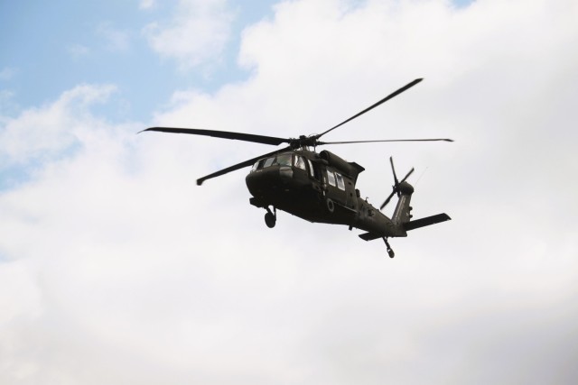 An aircrew with the 1st Battalion, 147th Aviation Regiment of the Wisconsin National Guard operates a UH-60 Black Hawk helicopter April 11, 2025, during drill training at Fort McCoy, Wis. From April 11-13, 2025, Soldiers with the 1st Battalion,...