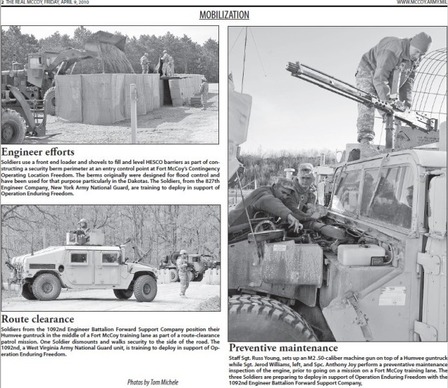 This is a news clipping from the April 9, 2010, edition of The Real McCoy newspaper at Fort McCoy, Wis. During that time, the installation was continuing its mission training service members largely from the Army Reserve and National Guard. (U.S....