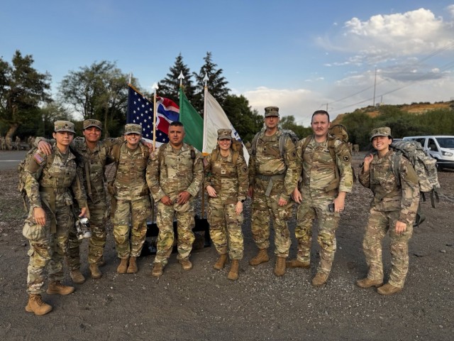 Soldiers from Washington Army National Guard Medical Command Detachment pose for a photo prior to the 5th annual Central Washington University Army Reserve Officer Training Corp. Norwegian Foot March in Ellensburg, Wash., May 2, 2025.