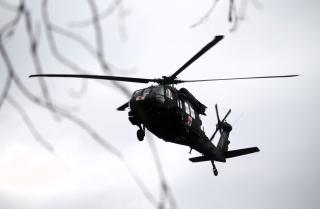 An aircrew with the 1st Battalion, 147th Aviation Regiment of the Wisconsin National Guard operates a UH-60 Black Hawk helicopter April 11, 2025, during drill training at Fort McCoy, Wis. From April 11-13, 2025, Soldiers with the 1st Battalion,...