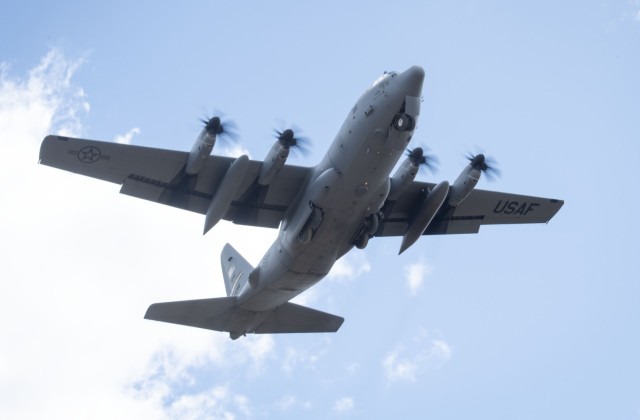 A C-130 Hercules completes operations in support of the Air Force’s Air Mobility Liaison Officer Qualification Course on April 15, 2025, at Young Air Assault Strip at Fort McCoy, Wis. Lt. Col. Andrew Baker, course director with the 435th...