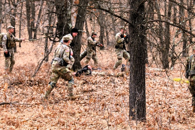Army ROTC cadets complete field training April 11, 2025, at Fort McCoy, Wis. They are among more than 70 other cadets from seven universities completing field training. ROTC training leaders said the training was a combined field training...