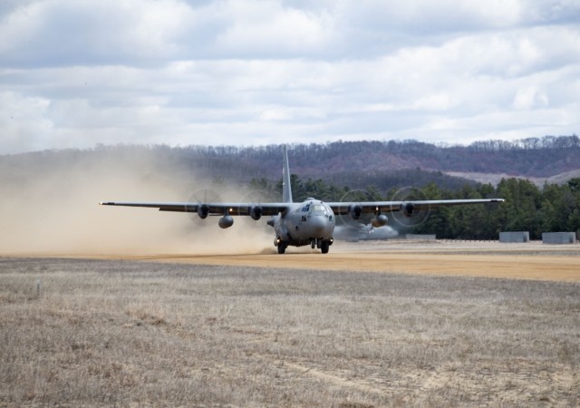 A C-130 Hercules completes operations in support of the Air Force’s Air Mobility Liaison Officer Qualification Course on April 15, 2025, at Young Air Assault Strip at Fort McCoy, Wis. Lt. Col. Andrew Baker, course director with the 435th...