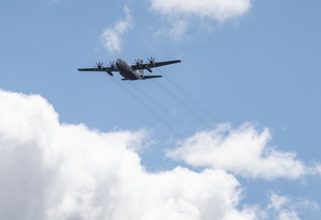 A C-130 Hercules completes operations in support of the Air Force’s Air Mobility Liaison Officer Qualification Course on April 15, 2025, at Young Air Assault Strip at Fort McCoy, Wis. Lt. Col. Andrew Baker, course director with the 435th...