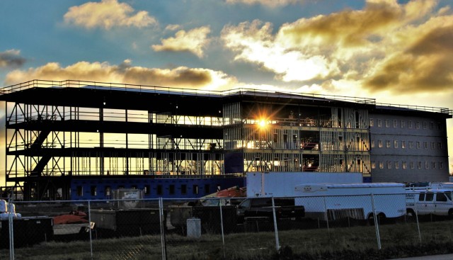 An area of the 1600 block of the cantonment area of the installation is shown Nov. 11, 2020, at sunrise where a new multi-million dollar barracks is being built at Fort McCoy, Wis. Contractor L.S. Black Constructors was awarded a $20.6 million...