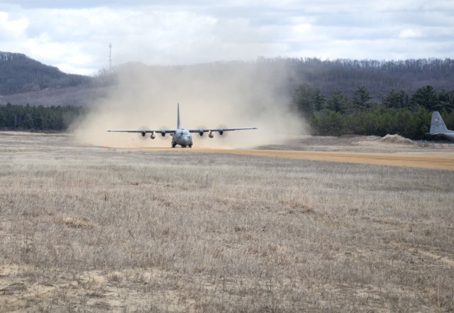 A C-130 Hercules completes operations in support of the Air Force’s Air Mobility Liaison Officer Qualification Course on April 15, 2025, at Young Air Assault Strip at Fort McCoy, Wis. Lt. Col. Andrew Baker, course director with the 435th...