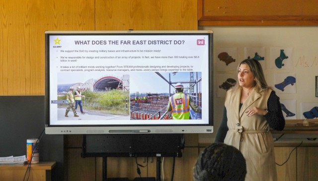 Rachel Napolitan, Chief of Public Affairs, the U.S. Army Corps of Engineers – Far East District, at a STEAM event at Humphreys High School.