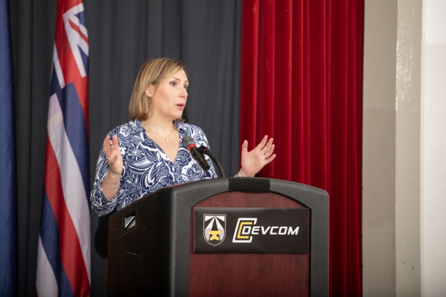 Beth Ferry, the Director of U.S. Army Combat Capabilities Development Command, or DEVCOM, Command, Control, Communications, Computers, Cyber, Intelligence Surveillance, Reconnaissance Center, delivers the keynote message to the competitors of the...