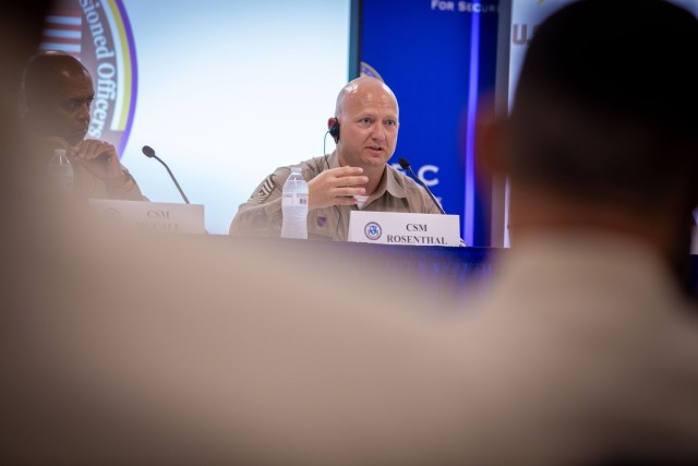 U.S. Army Command Sgt. Maj. Sean Rosenthal of 2nd Battalion, 1st Security Force Assistance Brigade (SFAB), speaks about the importance of teamwork and adaptability when working with multinational forces during the Programa Integral para...