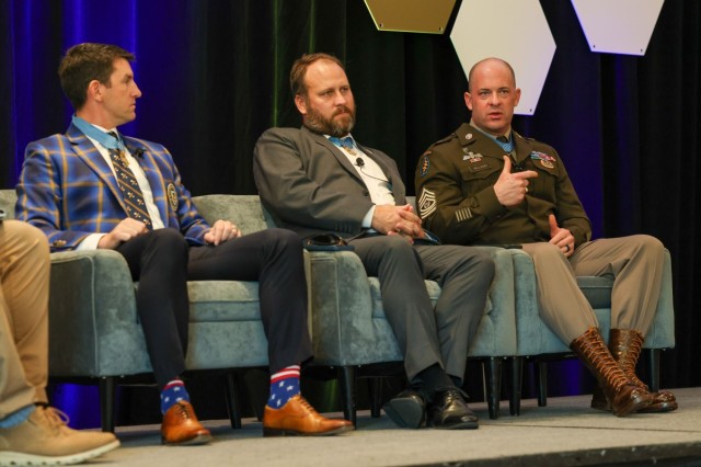 Left to right: Retired Army Sgt. Maj. Thomas Payne, retired Army Master Sgt. Earl Plumlee and Army Command Sergeant Major Matthew Williams discuss leadership, resilience and their military careers during a panel at Special Operations Forces Week...