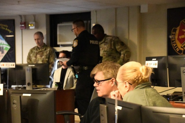 FORT CARSON, Colo. — Garrison staff collate information in preparation for a situational analysis brief to the Fort Carson Garrison Commander Col. Erik Oksenvaag, during the installation’s annual integrated protection exercise May 6, 2025.