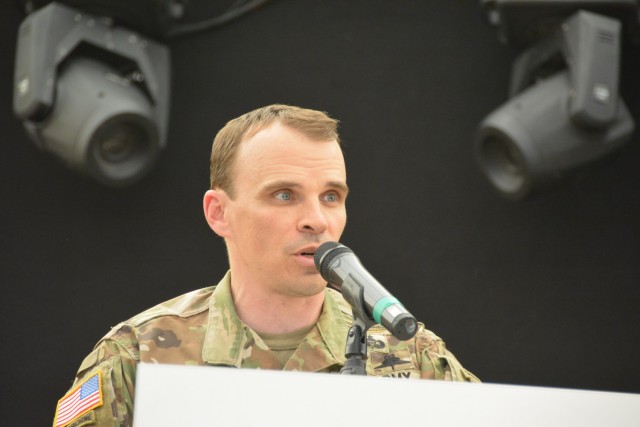 USAG BAVARIA – HOHENFELS, Germany – Col. Stephen C. Flanagan, U.S. Army Garrison Bavaria commander, speaks during the opening ceremony of the 51st annual German-American Volksfest. In celebration of decades of partnership, the Hohenfels...