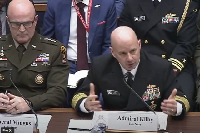 Navy Adm. James W. Kilby, vice chief of naval operations, testifies at a House Armed Services Committee subcommittee hearing on military readiness in Washington, May 6, 2025.