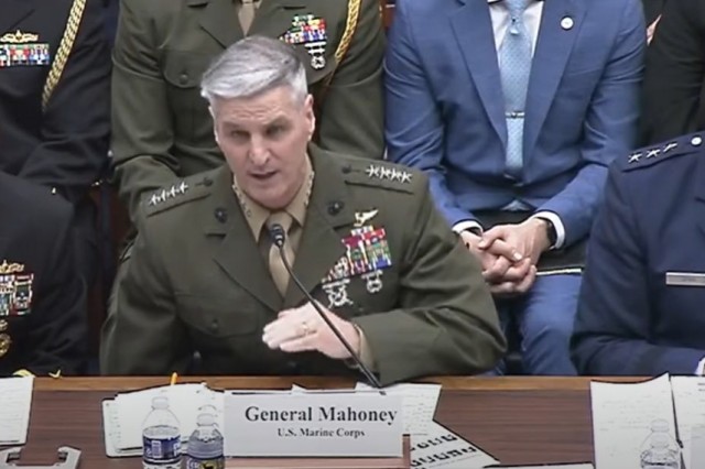 Marine Corps Gen. Christopher J. Mahoney, assistant commandant of the Marine Corps, testifies at a House Armed Services Committee subcommittee hearing on military readiness in Washington, May 6, 2025.
