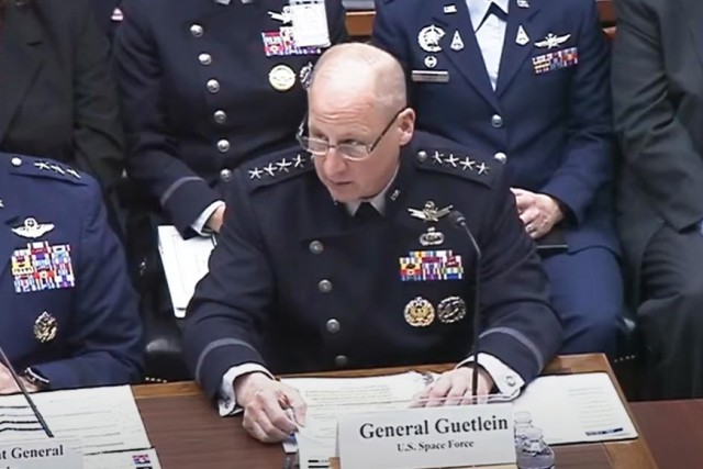 Space Force Gen. Michael A. Guetlein, vice chief of space operations, testifies at a House Armed Services Committee subcommittee hearing on military readiness in Washington, May 6, 2005.
