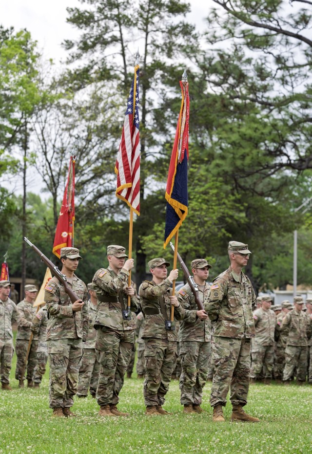 3rd Brigade Combat Team, 10th Mountain Division uncases the brigade colors during a ceremony after returning from a nine-month deployment supporting Atlantic Resolve in Europe, April 23, at Spike Field, Fort Johnson, La. (U.S. Army photo by Karen...