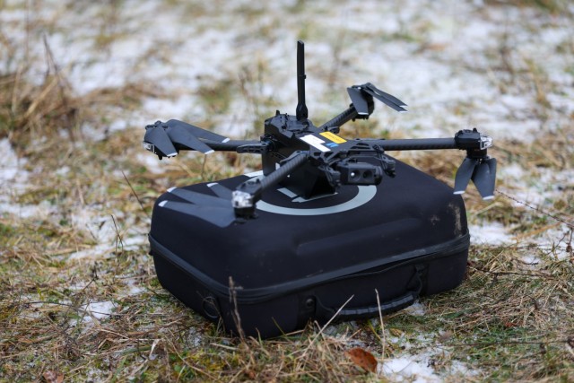 A Skydio X2D drone assigned to 317th Brigade Engineer Battalion, 3rd Brigade Combat Team, 10th Mountain Division sits prepared for launch during exercise Combined Resolve 25-1 at the Joint Multinational Readiness Center, Hohenfels Training Area,...
