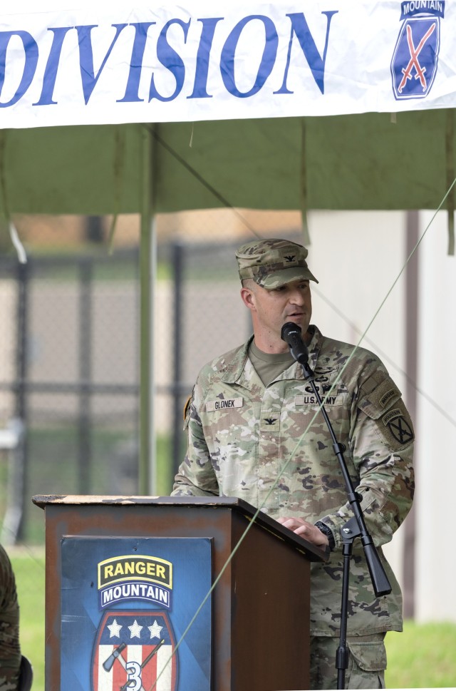 3rd Brigade Combat Team, 10th Mountain Division uncases the brigade colors during a ceremony after returning from a nine-month deployment supporting Atlantic Resolve in Europe, April 23, at Spike Field, Fort Johnson, La. (U.S. Army photo by Karen...