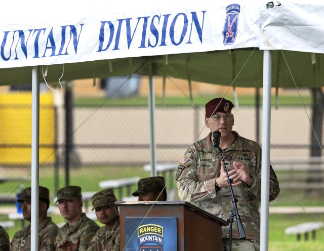 3rd Brigade Combat Team, 10th Mountain Division uncases the brigade colors during a ceremony after returning from a nine-month deployment supporting Atlantic Resolve in Europe, April 23, at Spike Field, Fort Johnson, La. (U.S. Army photo by Karen...
