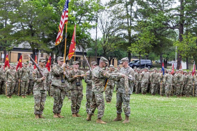 3rd Brigade Combat Team, 10th Mountain Division uncases the brigade colors during a ceremony after returning from a nine-month deployment supporting Atlantic Resolve in Europe, April 23, at Spike Field, Fort Johnson, La. (U.S. Army photo by Karen...