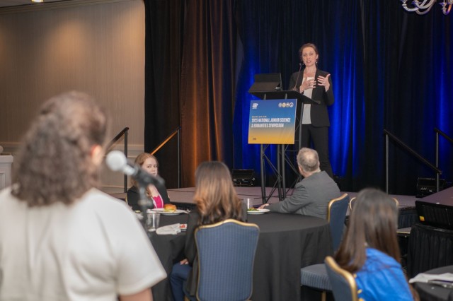 Stefaine Plemmons Shaughnessy, Ph.D., the chief of the U.S. Army Research Institute Foundational Science Research Unit, answers a student’s question as part of the 63rd National Junior Science and Humanities Symposium April 25, 2025, in...