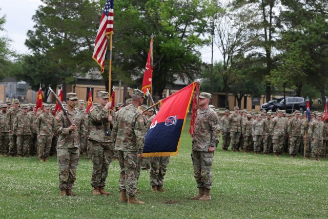 3rd Brigade Combat Team, 10th Mountain Division uncases the brigade colors during a ceremony after returning from a nine-month deployment supporting Atlantic Resolve in Europe, April 23, at Spike Field, Fort Johnson, La. (U.S. Army photo by Karen...