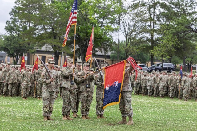 3rd Brigade Combat Team, 10th Mountain Division uncases the brigade colors during a ceremony after returning from a nine-month deployment supporting Atlantic Resolve in Europe, April 23, at Spike Field, Fort Johnson, La. (U.S. Army photo by Karen...