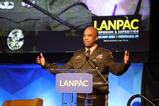 Gen. Ronald P. Clark, commanding general of U.S. Army Pacific, speaks at the Land Forces Pacific (LANPAC) Symposium and Exhibition 2025 in Honolulu, May 13, 2025, highlighting the critical role of land forces in maintaining deterrence, readiness,...