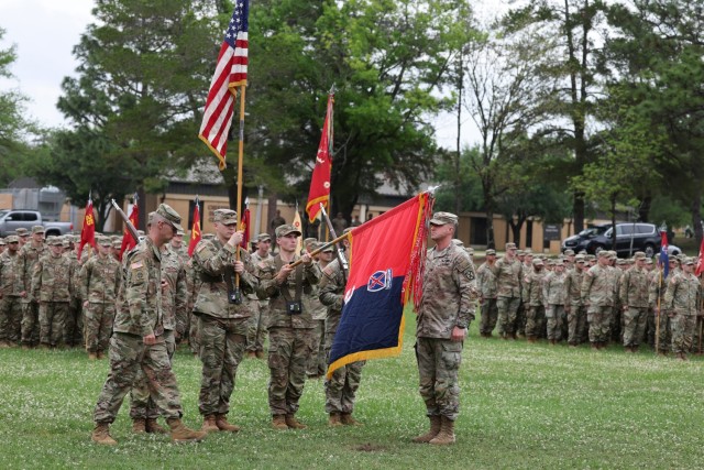 3rd Brigade Combat Team, 10th Mountain Division uncases the brigade colors during a ceremony after returning from a nine-month deployment supporting Atlantic Resolve in Europe, April 23, at Spike Field, Fort Johnson, La. (U.S. Army photo by Karen...