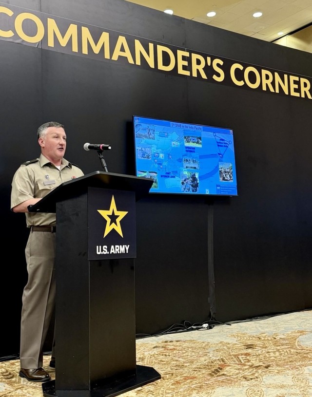Lt. Col. Dan Hodermarsky, 3rd Squadron Commander, 5th SFAB speaks at LANPAC about the positional advantage of 5th SFAB in the Indo-Pacific