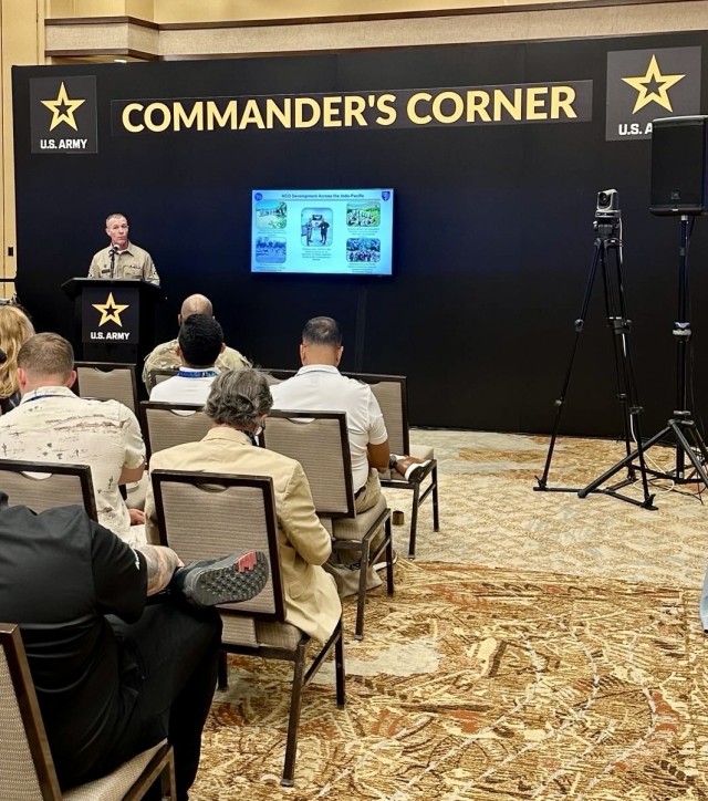 CSM Justin Stewart speaking about 5th SFABs work with NCOs across the Indo-Pacific at LANPAC