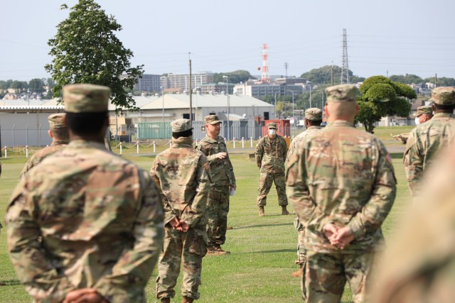 SAGAMIHARA, Japan –Col. Patrick M. Costello, 38th Air Defense Artillery Brigade commander, leads a safety brief for his troops and shares words of motivation about equality and speaking up if something incorrect is observed within our ranks at...