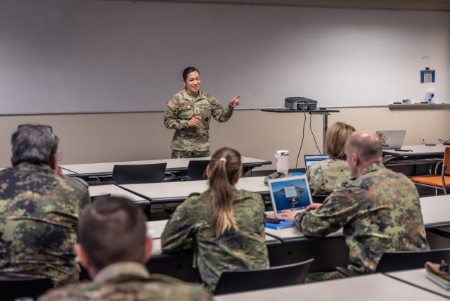 Master Sgt. Doreen Fajota, 4th SFAB senior enlisted medical Advisor, addresses NATO MEDEVAL students during Day 1 classroom lessons.