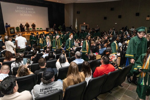 The Fort Knox Middle High School Class of 2025 graduates at Fort Knox, Kentucky, May 18, 2024. Family and friends filled Waybur Theater to watch their students walk the stage and flip their tassels.