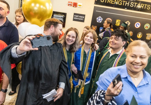 The Fort Knox Middle High School Class of 2025 graduates at Fort Knox, Kentucky, May 18, 2024. Family and friends filled Waybur Theater to watch their students walk the stage and flip their tassels.