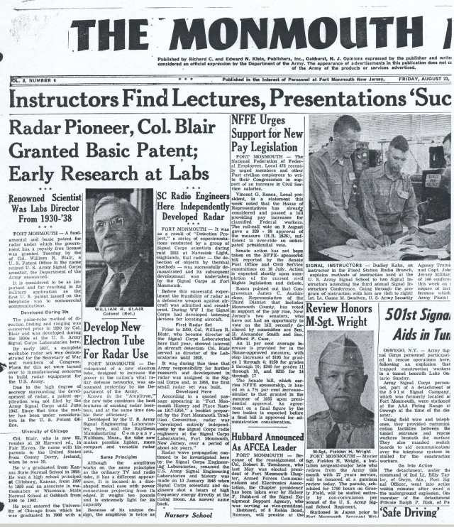 Clipping from "The Monmouth Message," August 1957, highlighting Col. Blair's patent for radar development