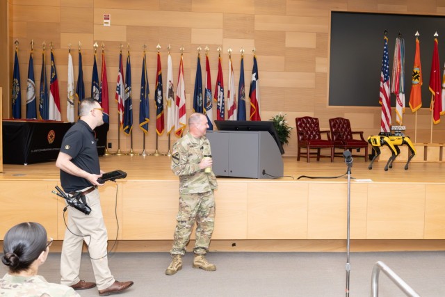 (From left) Robert “Mike” Mays, with the U.S. Army Combat Capabilities Development Command Chemical Biological Center, and Maj. Gen. James D. Turinetti IV, commanding general of the U.S. Army Communications-Electronics Command, introduce...