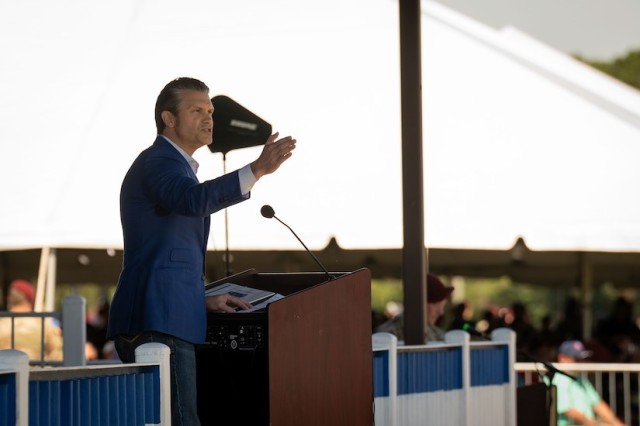 Defense Secretary Pete Hegseth addresses the 82nd Airborne Division during their division review, part of All American Week at Fort Bragg, North Carolina, May 22, 2025.
