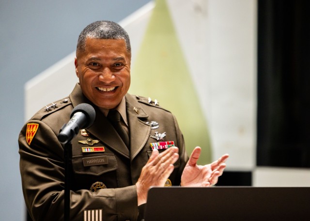 U.S. Army Maj. Gen. Richard Harrison, commanding general of the 32nd Army Air and Missile Defense Command, gives opening remarks about Col. Glenn A. Henke during Henke’s frocking ceremony at the Air Defense Artillery Training Support Facility at...
